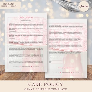 Cake Policy, Bakery Terms & Conditions for Cake Shop, Home Baking, Cake Decorator, Instant Download Editable Canva Template, Soft Pink