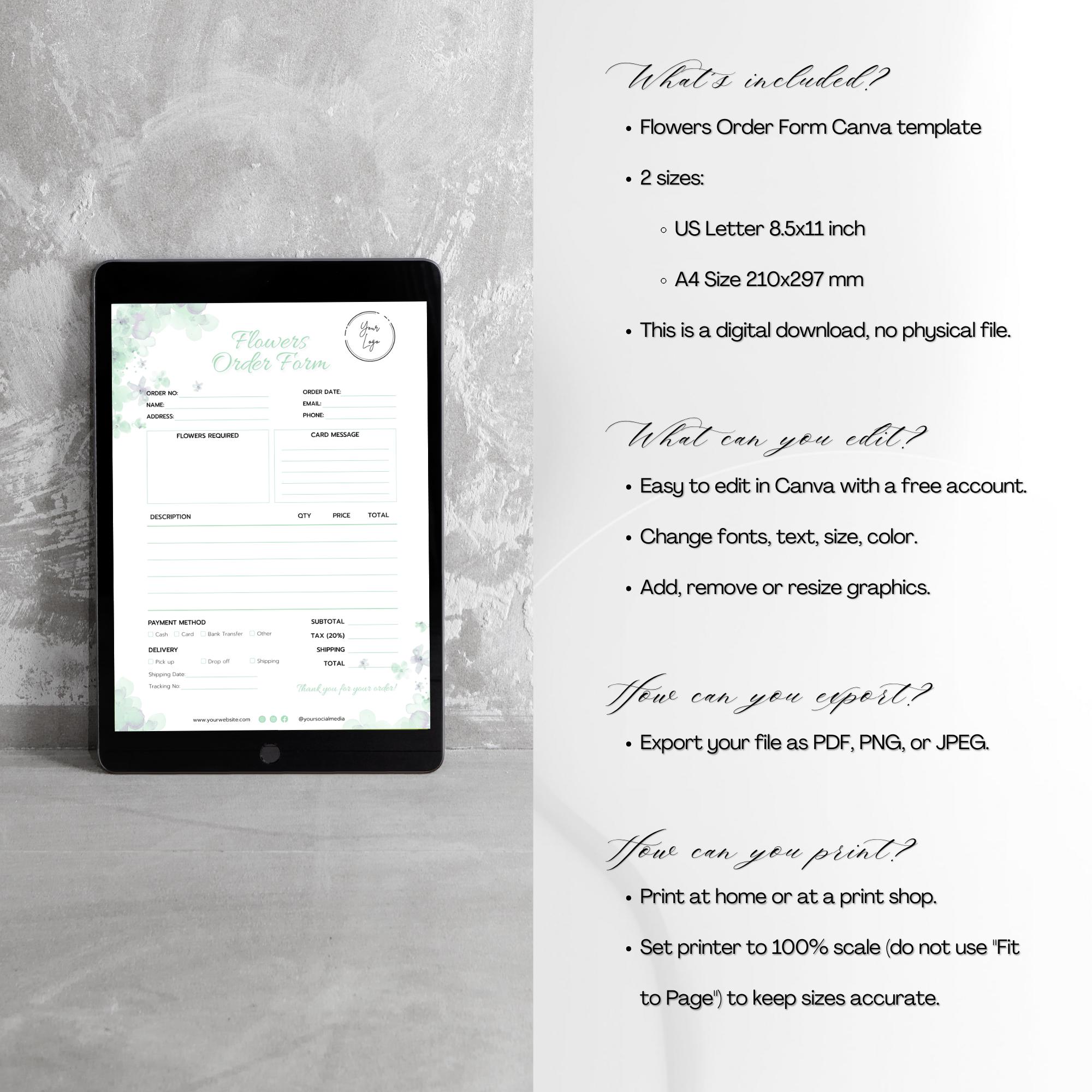 Flowers Order Form Editable Canva Template, Florist Business, Client ...