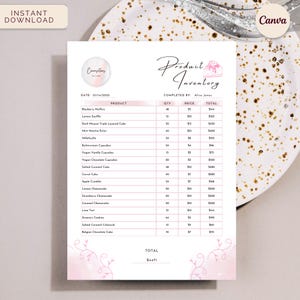 Lista de inventario de panadería, pastelería, negocio de repostería, confitería, negocio de galletas, plantilla Canva editable de descarga instantánea, panadería de lujo