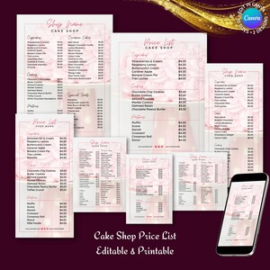 Cake Shop Preisliste bearbeitbare Canva-Vorlage, Menü, Preisblatt, Bäckerei, Café, Backen zu Hause, Kuchengeschäft, zartes Rosa, Sofort-Download