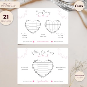 Guide per il taglio della torta a forma di cuore, biglietto da portata per la torta, modello Canva modificabile con download immediato, pasticceria di lusso