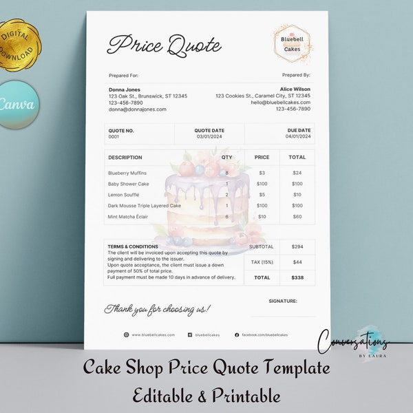 Cake Shop Price Quote Editable Canva Template | Watercolor | Order Form, Quotation | Bakery, Home Baking | Instant Download