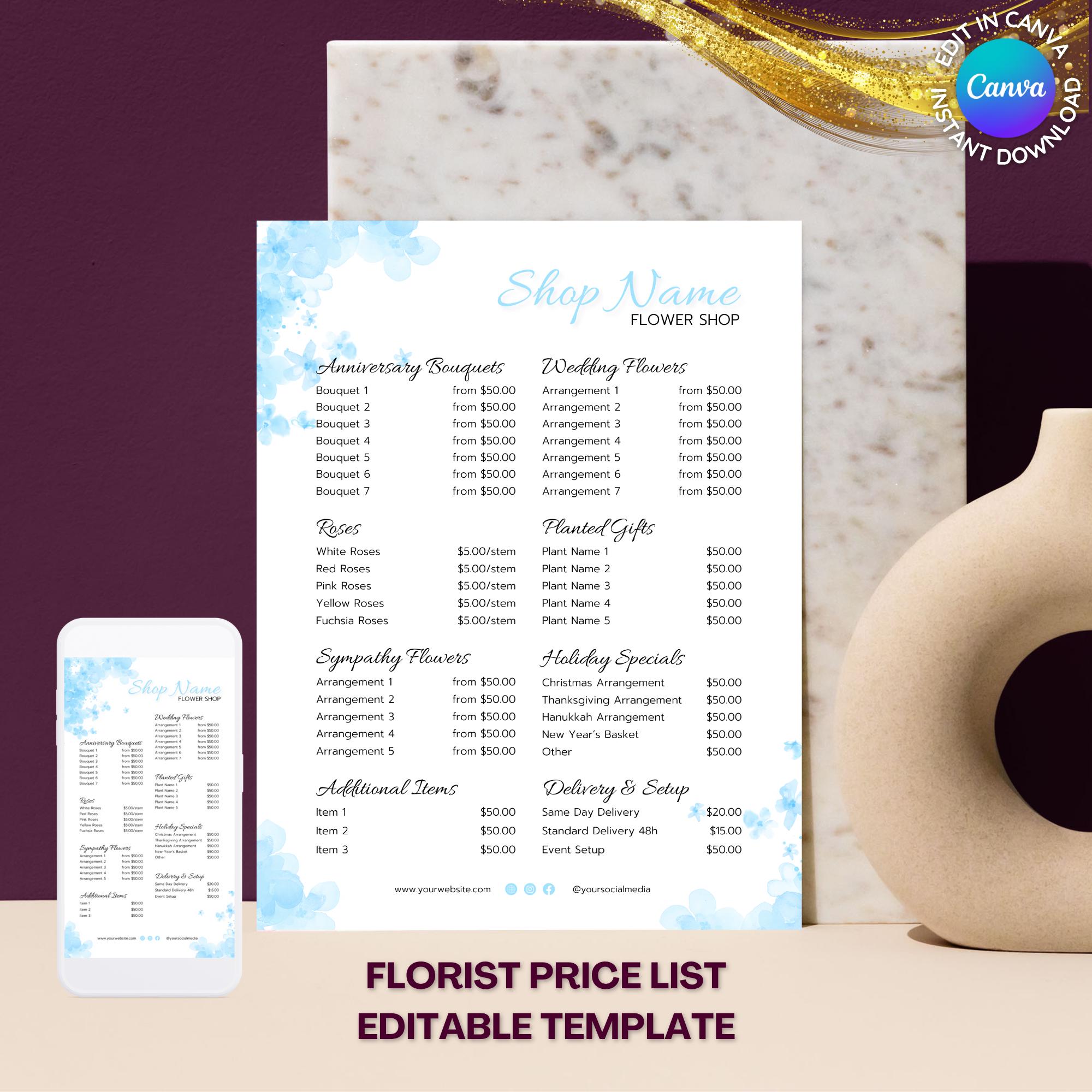 Flowers Price List, Florist Business Pricing Guide, Flower Shop Price Sheet, Instant Download Editable Canva Template, Sky Blue Flowers