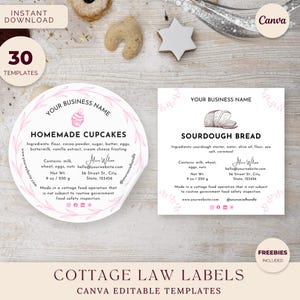 Bundle med etiketter från Cottage Law, ingrediensklistermärken för konditori, dessertetiketter, redigerbar Canva-mall för direktnedladdning, Deluxe-bageri