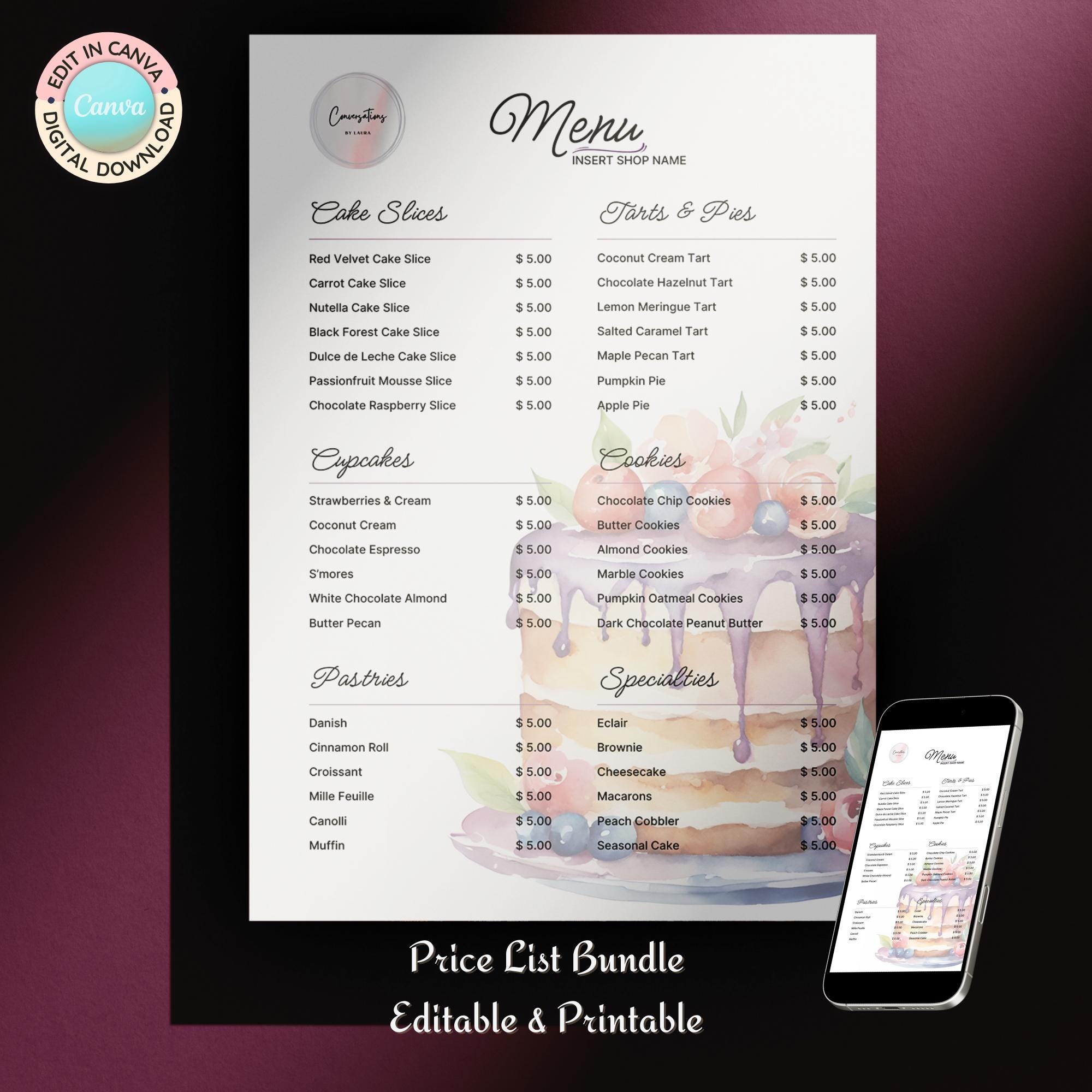 Cake Shop Price List Editable Canva Template | Cake Menu, Instagram ...