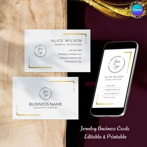 Visitekaartjes sieraden bewerkbare canvassjabloon, hand-out voor klant, sieradenmerk, schoonheidsspecialiste, strak goud, direct downloaden
