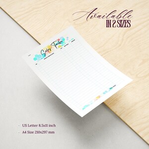 May include: A white sales tracker sheet with colorful accents and the words "Sales Tracker" in script. The sheet is available in two sizes: US Letter 8.5x11 inch and A4 210x297 mm.