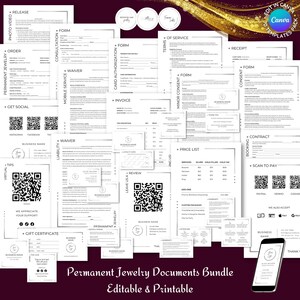 Ensemble de documents de bijoux permanents Modèle canva modifiable, formulaire de consultation, consentement, renonciation, cartes, enseignes, argent élégant, téléchargement immédiat