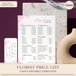 Può includere: Un modello di listino prezzi floreale con un design floreale rosa. Il modello include sezioni per bouquet anniversario, fiori nuziali, rose, fiori di condoglianze, regali piantati, offerte speciali per le vacanze, articoli aggiuntivi.
