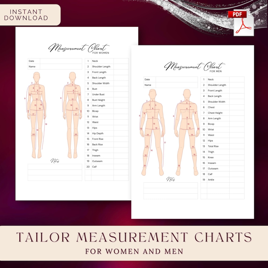 Custom Clothing Measure Chart, Tailor Measurement, Sewing Measure Table