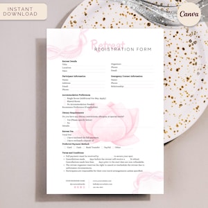 Retreat-Anmeldeformular, Anmeldung für Wellness-Event, Yoga, spirituelles Retreat-Formular, Sofort-Download bearbeitbare Canva-Vorlage, Lotus Light