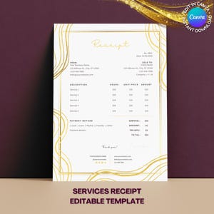 Quittung für Dienstleistungen, Geschäftseingang, Small Business Form, Zahlungsbestätigung, Sofortiger Download Bearbeitbare Canva-Vorlage, Golden