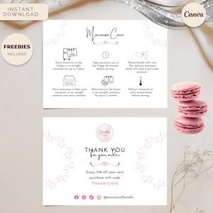 Macaron Pflegekarten, Servieranleitung, Bäckereiverpackung & Branding, Sofortiger Download Bearbeitbare Canva-Vorlage, Deluxe Bakery