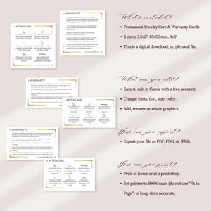 Dauerhafte Schmuckgarantie- und Nachsorgekarten, Schmuckmarken-Kundenhandout, Sofortiger Download Bearbeitbare Canva-Vorlage, Sleek Gold Bild 3