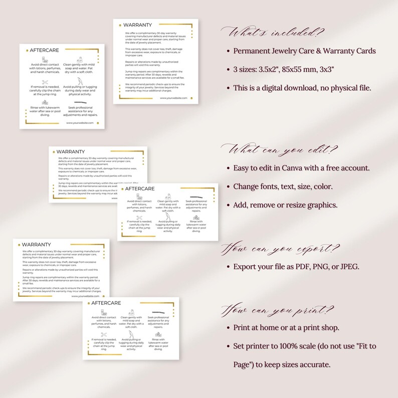 Dauerhafte Schmuckgarantie- und Nachsorgekarten, Schmuckmarken-Kundenhandout, Sofortiger Download Bearbeitbare Canva-Vorlage, Sleek Gold Bild 3