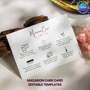 Macaron Care Cards, Macaron Serving Instructions for Bakery Business, Home Baking, Instant Download Editable Canva Template, Deluxe Bakery