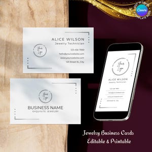Visitekaartjes sieraden bewerkbare canvassjabloon, hand-out voor klant, sieradenmerk, schoonheidsspecialiste, boetiek, strak zilver, direct downloaden