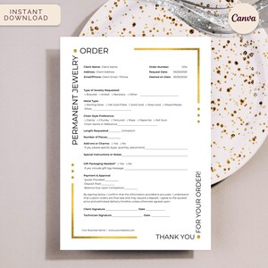 Formulario de pedido personalizado de joyería permanente, plantilla de Canva editable de descarga instantánea, oro elegante