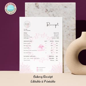Bakery Receipt Editable Canva Template | Payment Receipt | Cake Shop, Home Baking Business | Deluxe Bakery | Instant Download