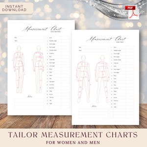 Tableau de mesures de vêtements personnalisé, mesures de couture et modèle d'essayage pour tailleurs, couturières et créateurs de mode, téléchargement immédiat au format PDF