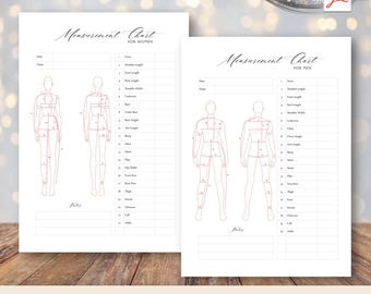 Tabla de medidas de ropa a medida, plantilla de medidas y ajuste para sastres, modistas y diseñadores de moda. Descarga inmediata en PDF.