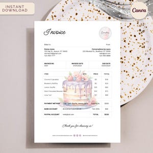 ケーキショップの請求書、自宅でパンを焼くためのベーカリーテンプレート、すぐにダウンロードして編集できるCanvaテンプレート、水彩画 画像 1