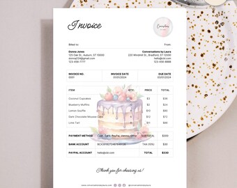 Cake Shop Invoice, Bakery Template for Home Baking Business, Instant Download Editable Canva Template, Watercolor