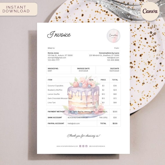 Cake Shop Invoice, Bakery Template for Home Baking Business, Instant Download Editable Canva Template, Watercolor