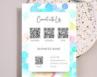 Letrero para redes sociales, Conéctate con nosotros, Código QR para redes sociales, Letrero para pequeñas empresas, Plantilla Canva de descarga instantánea, Color Pop