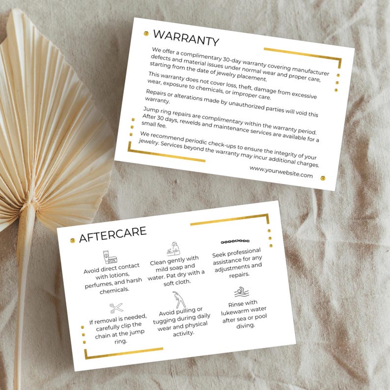 Dauerhafte Schmuckgarantie- und Nachsorgekarten, Schmuckmarken-Kundenhandout, Sofortiger Download Bearbeitbare Canva-Vorlage, Sleek Gold Bild 6