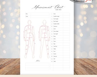 Men Measurement Chart, Sewing Measure Table, Fitting Chart, Tailor Custom Clothing, Seamstress Dressmaker Template, Instant Download PDF