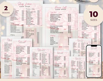 Cake Shop-Preislisten, Bäckerei-Menü, Sofort-Download bearbeitbare Canva-Vorlage, Soft Pink