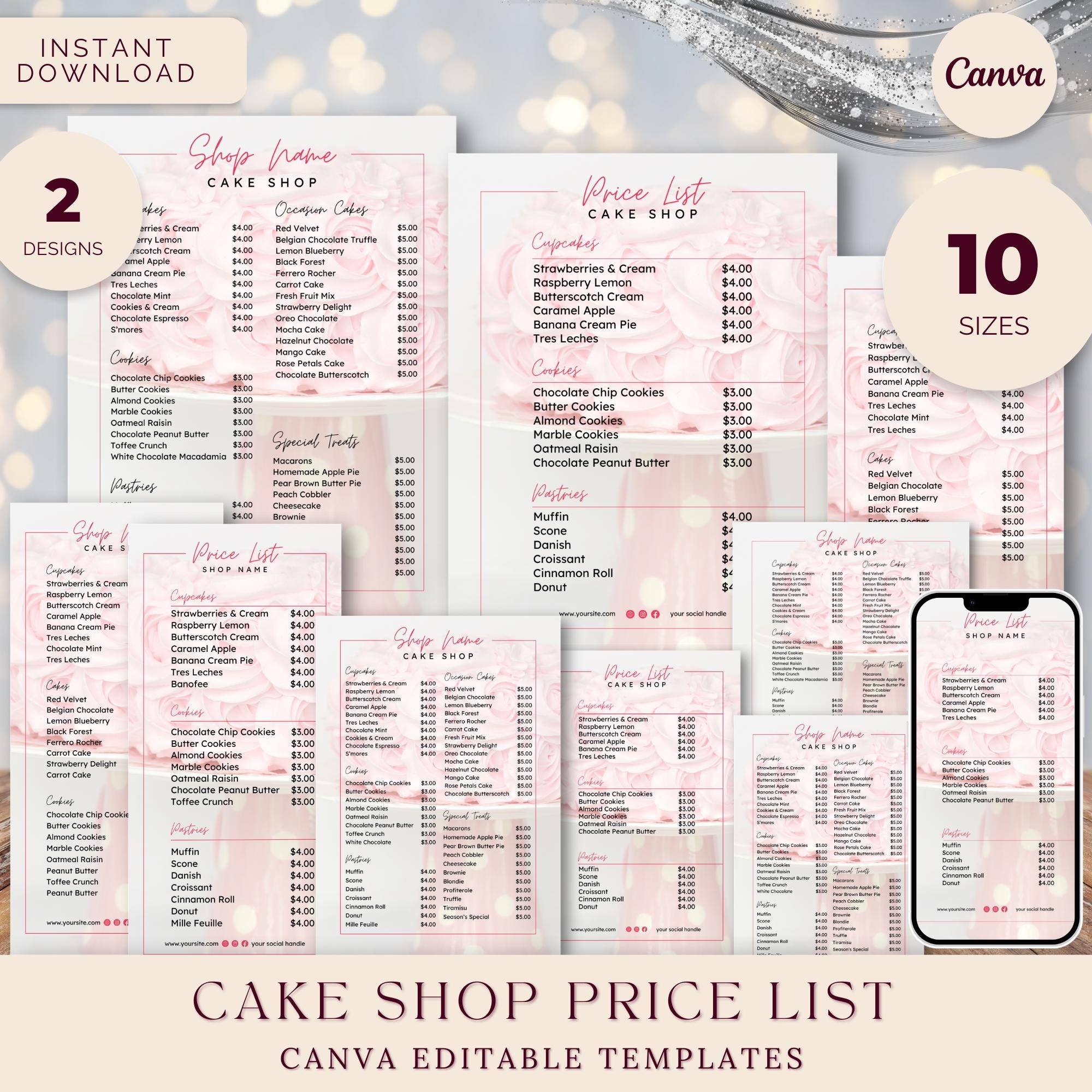 Cake Shop Price Lists, Bakery Menu, Instant Download Editable Canva ...