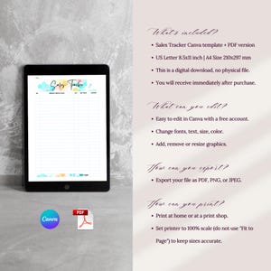 May include: A digital sales tracker template displayed on a tablet. The template includes a Canva version and a PDF version. The image also shows the Canva and PDF logos, along with text describing the template's features and how to use it.