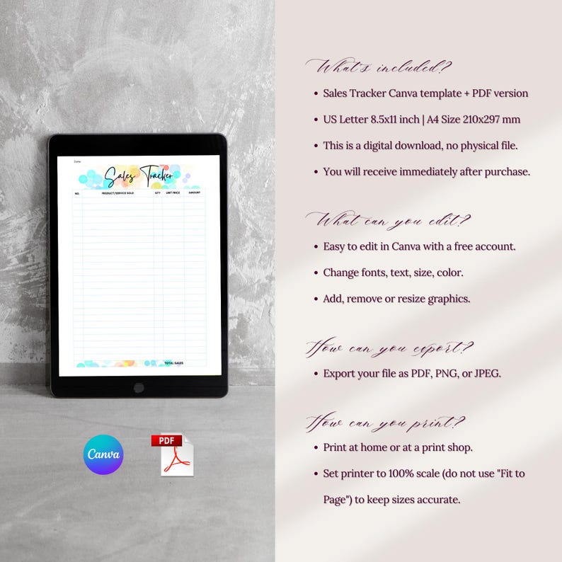 May include: A digital sales tracker template displayed on a tablet. The template includes a Canva version and a PDF version. The image also shows the Canva and PDF logos, along with text describing the template's features and how to use it.