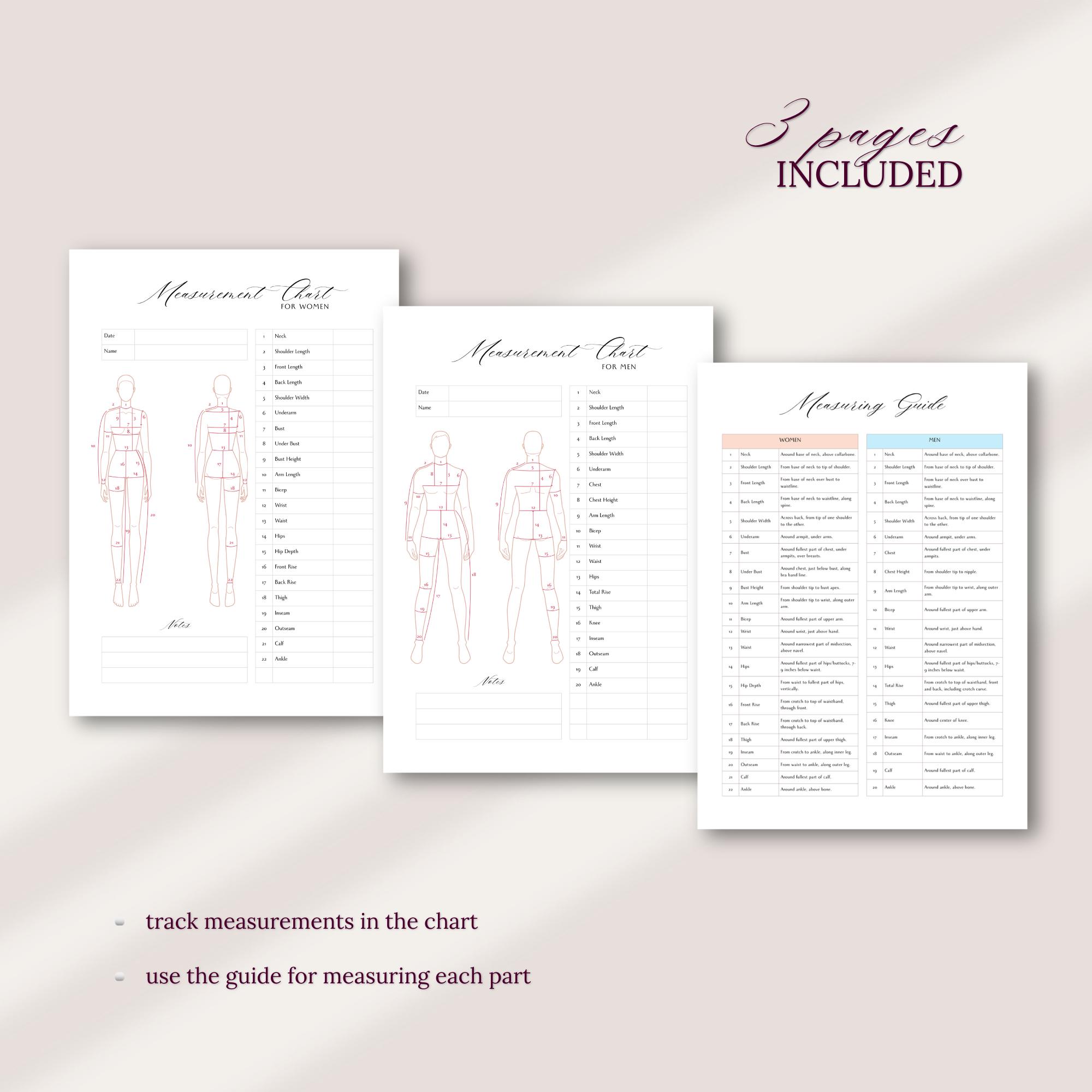 Custom Clothing Measure Chart, Sewing Measurements & Fitting Template ...