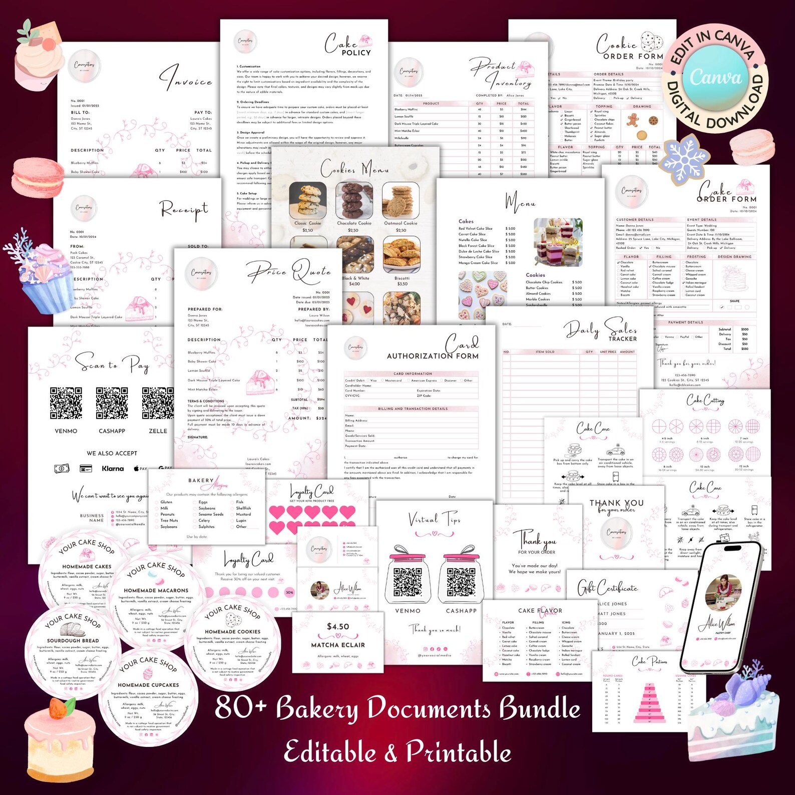 Bakery Business Documents Premium Bundle Editable Canva Template| Cake ...