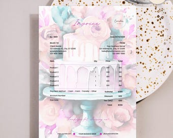 Cake Business Invoice, Bakery Billing Form, Home Baking Business, Confectionery, Instant Download Editable Canva Template, Cool Watercolors
