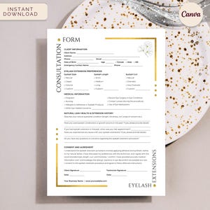 Lash Extension Consultation Form, Esthetician Client Intake Form, Instant Download Editable Canva Template, Sleek Gold