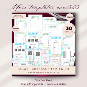 May include: A collection of Canva editable templates for small businesses. The kit includes various templates such as receipts, price lists, thank you cards, and loyalty cards. The design features watercolor backgrounds and the text "Small Business Starter Kit".