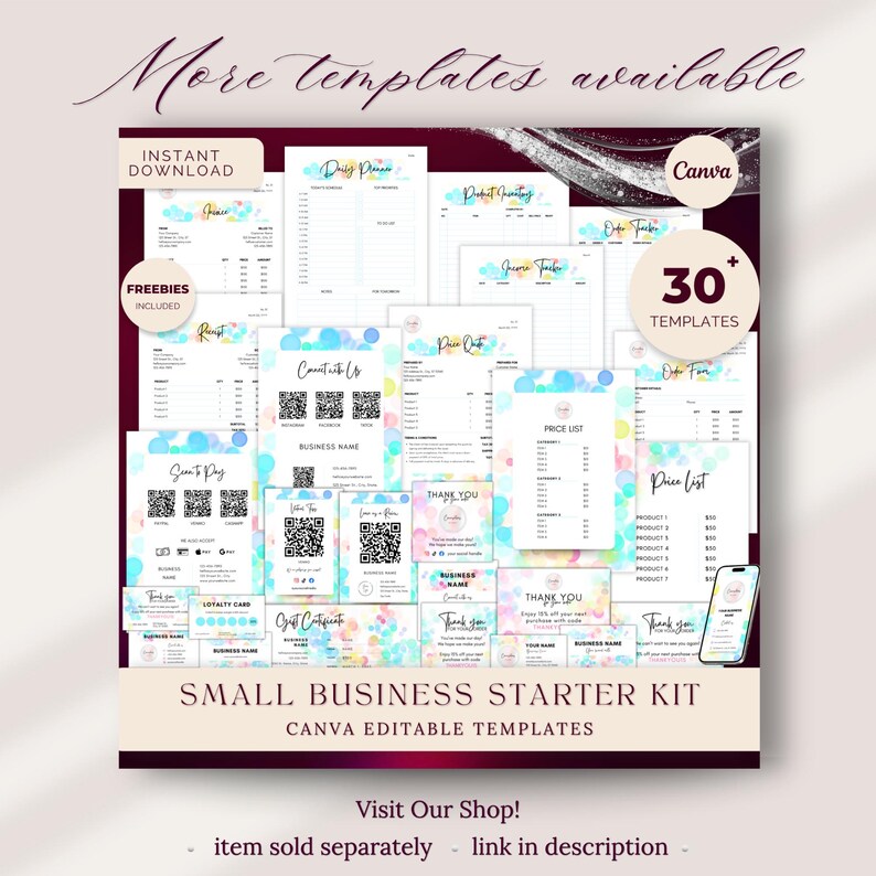 May include: A collection of Canva editable templates for small businesses. The kit includes various templates such as receipts, price lists, thank you cards, and loyalty cards. The design features watercolor backgrounds and the text "Small Business Starter Kit".