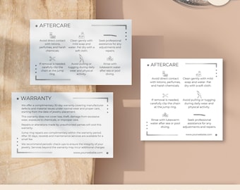 Schede di garanzia e cura permanente dei gioielli, volantino personalizzato per i clienti, modello Canva modificabile con download immediato, argento lucido