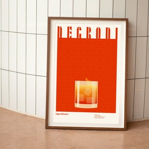 Negroni Poster, Cocktail Rezept, trendige Wandkunst, Poster, 70er Wandkunst, digitaler Download, Poster Ästhetik