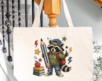 Funny Teacher Raccoon Canvas Tote Bag, Faux Patchwork Back to School Tote, Classroom Canvas Gift
