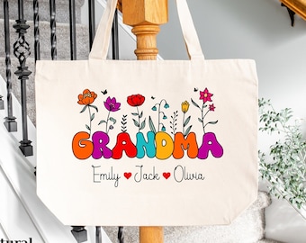 Personalized Grandma Tote Bag: Floral Grandchildren Names Gift