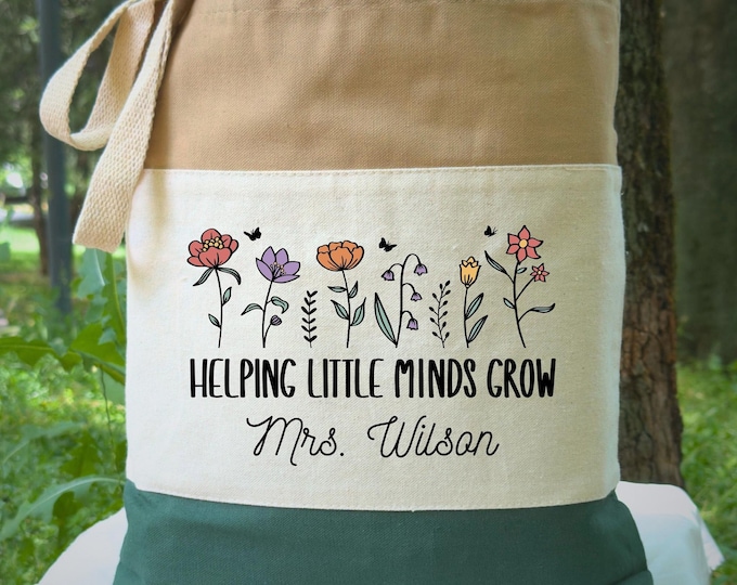 Personalized Teacher Tote Bag: Floral Canvas Apple Design