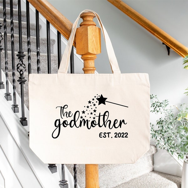 Custom Est. The Godmother Tote Bag, The Godmother Personalized Canvas Tote, Custom Est. The Godmother Large Canvas Tote Bag, Godmother Gift