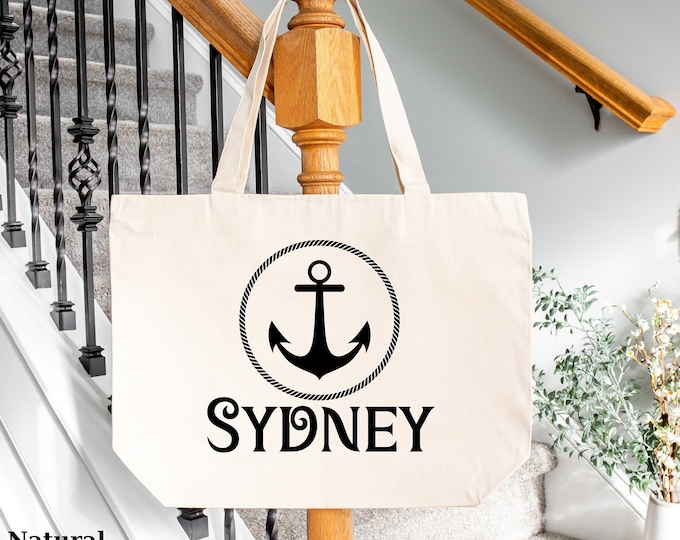 Custom Text Anchor Tote Bag, Personalized Canvas Zippered Tote, Nautical Beach Bag, Gift for Him or Her