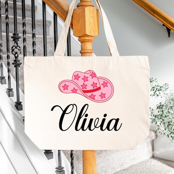 Custom Canvas Tote Bag, Large Personalized Bridesmaid Name Tote with Cowgirl Hat, Perfect Beach Bag for Bachelorette Party Favor and Gift