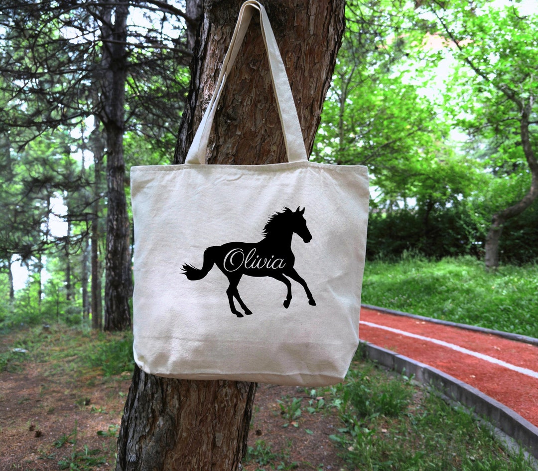Large Canvas Tote Bag With Stallion Horse Print - Navy, 17"L X 13"H, Zip Top - View #10